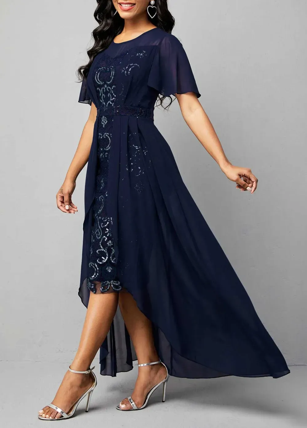 Sequined chiffon embroidered crew neck dress