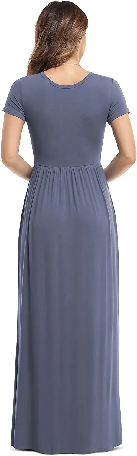 Women's Short Sleeve Loose Plain Maxi Dresses Casual Long Dresses with Pockets