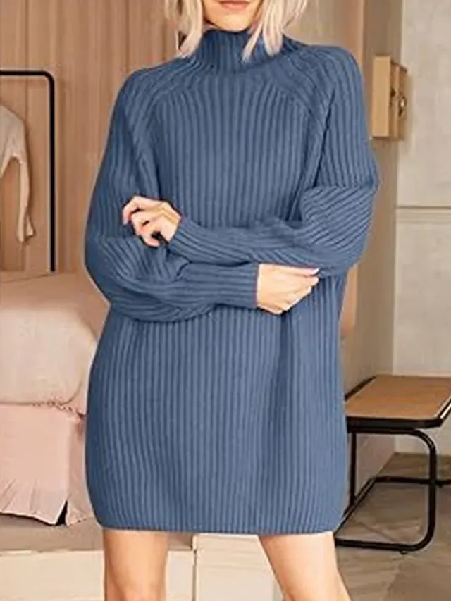Women's Sweater Dress Jumper Dress Winter Dress Mini Dress Warm Fashion Casual Plain Outdoor Daily Vacation Going out Turtleneck Long Sleeve 2023 Loose Fit Black White Blue S M L XL