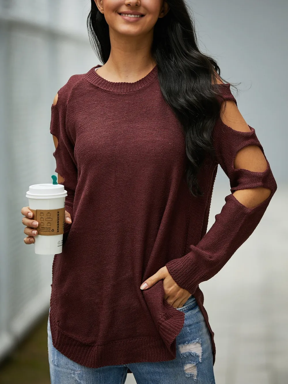 Solid Color Long Sleeve Knitted Hollow Sweater
