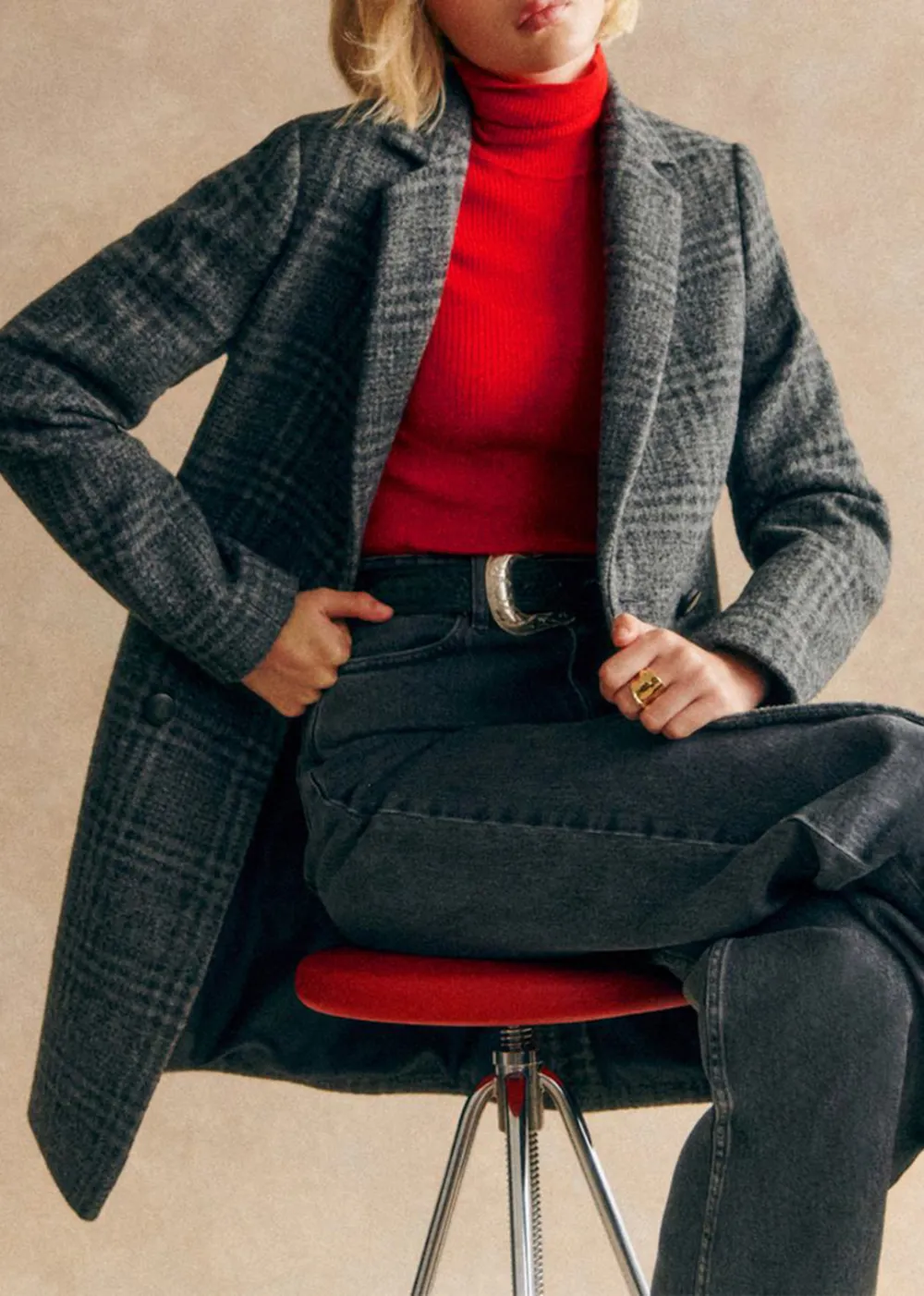 Mid-length Grey Checked Coat