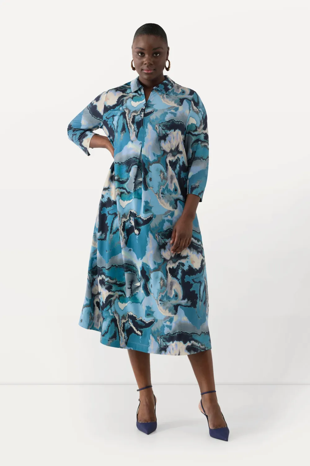 Kleid, Punto di Roma, A-Linie, Hemdkragen, 3/4-Arm