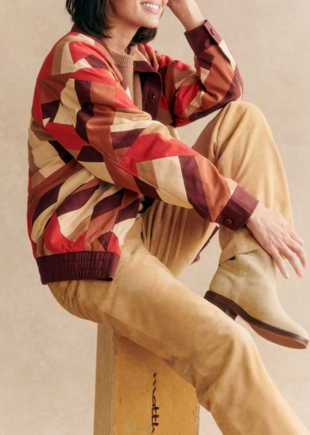 Patchwork Red Brown Long Sleeve BomberJacket