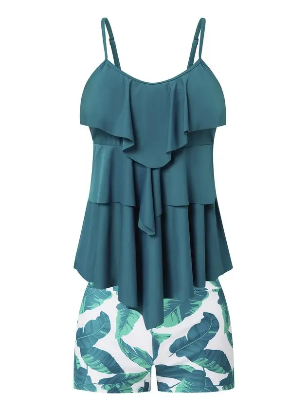 Vacation Plants Printing Scoop Neck Tankinis Two-Piece Set