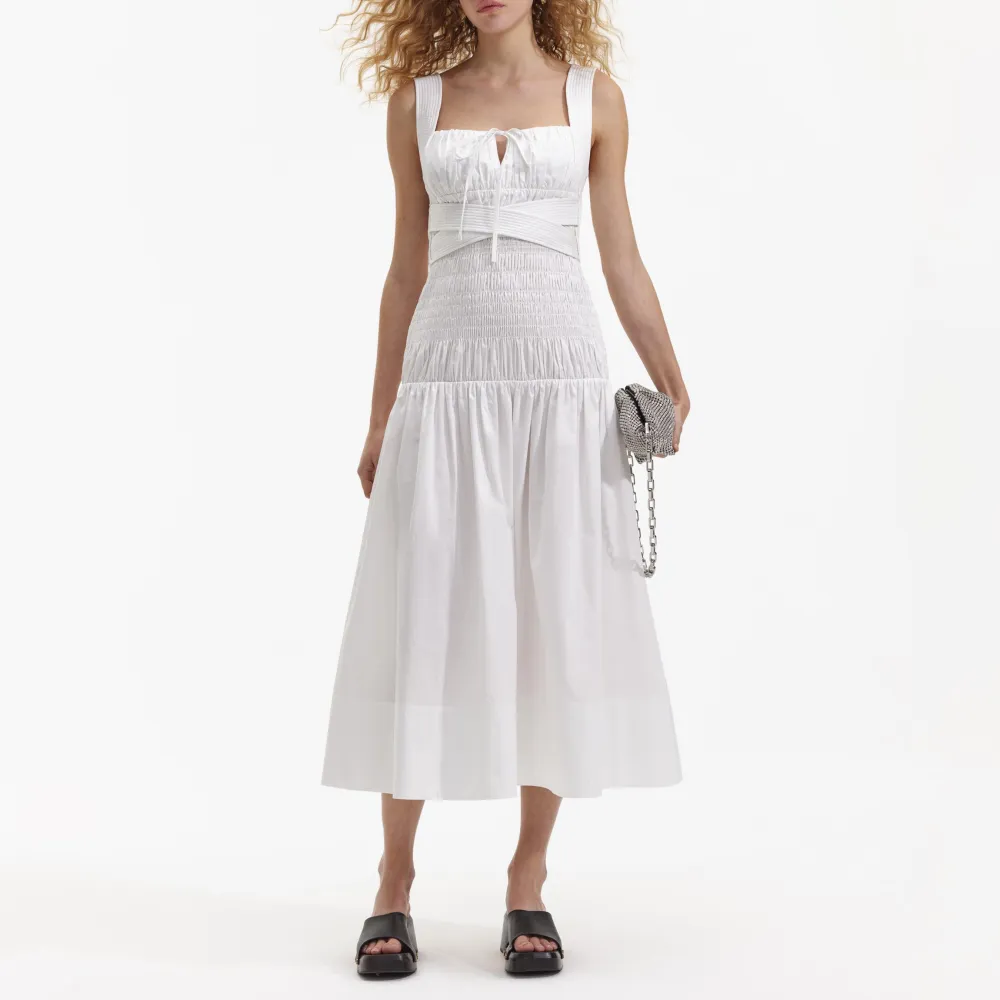 White Cotton Sweetheart Midi Dress