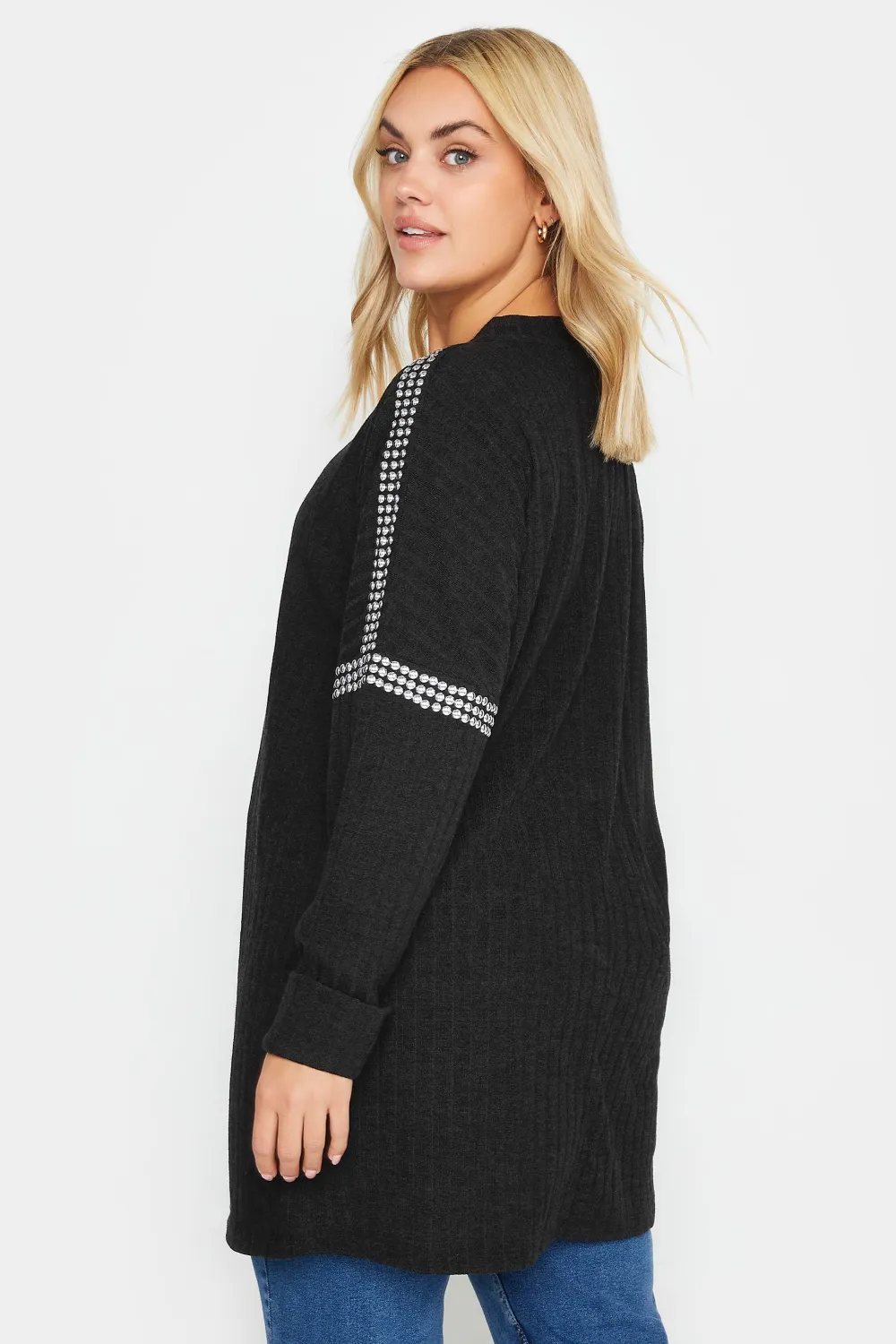 YOURS Curve Grey Stud Neckline Embellished Jumper