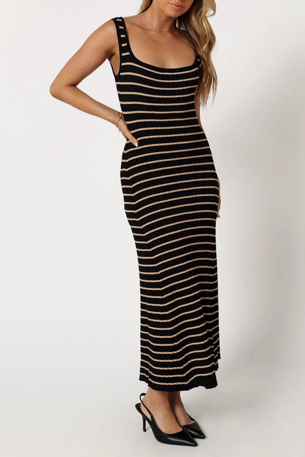 BLACK BEIGE STRIPED MIDI DRESS