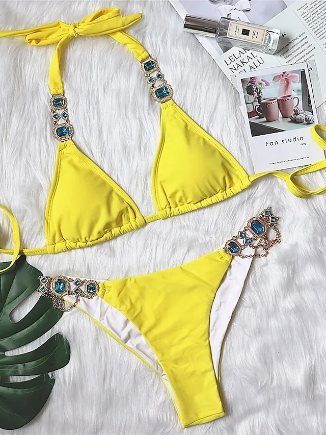 Women's Swimwear Bikini 2 Piece Normal Swimsuit Glitter Solid Color Black White Yellow Red Blue Plunge Bathing Suits Sexy Vacation Fashion