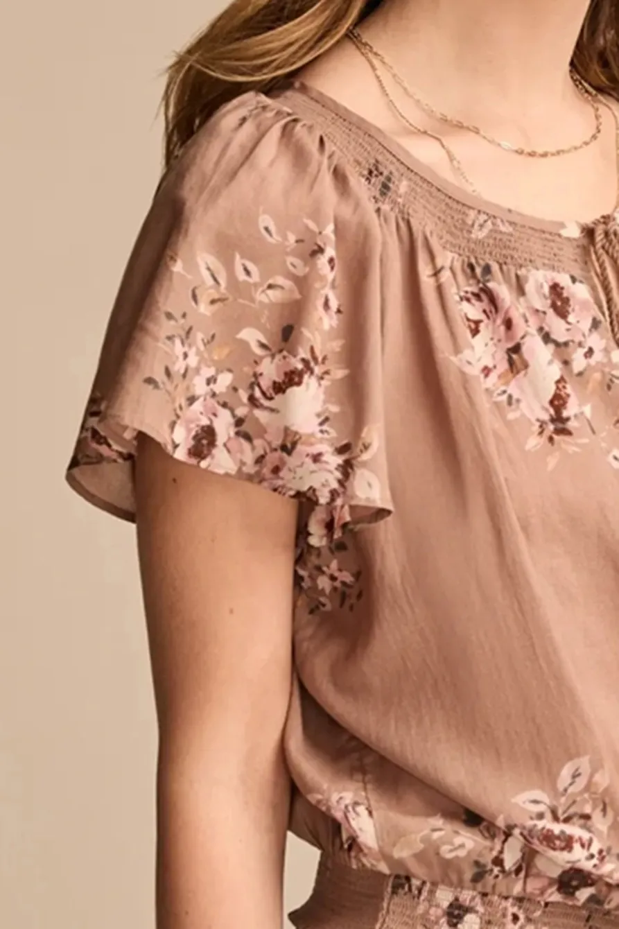 Taupe Floral Flutter Sleeve Top