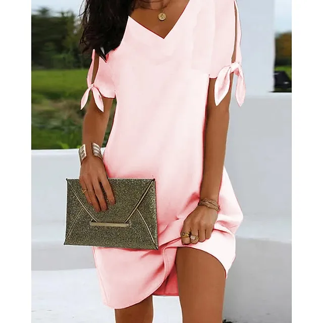 Women's Casual Dress Shift Dress Mini Dress White Short Sleeve Pure Color Bow Spring Summer V Neck Basic Daily Weekend Summer Dress 2023 S M L XL XXL 3XL 4XL