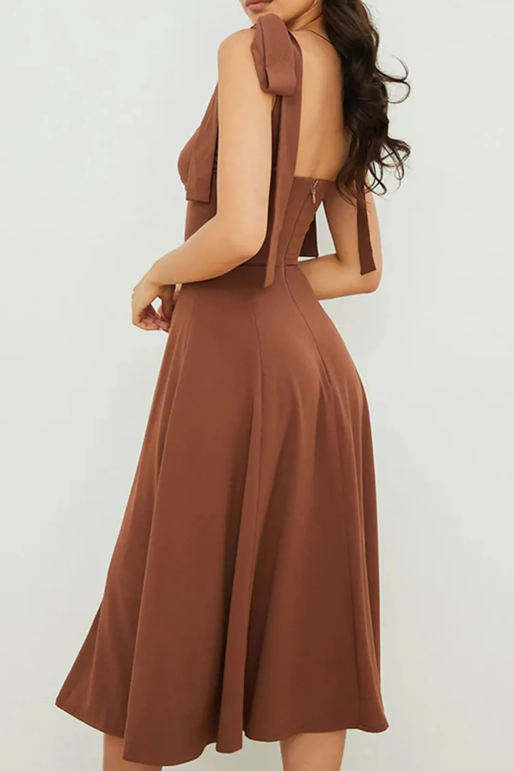Tie Strap Fit & Flare High Slit Slip Midi Dress - Chocolate
