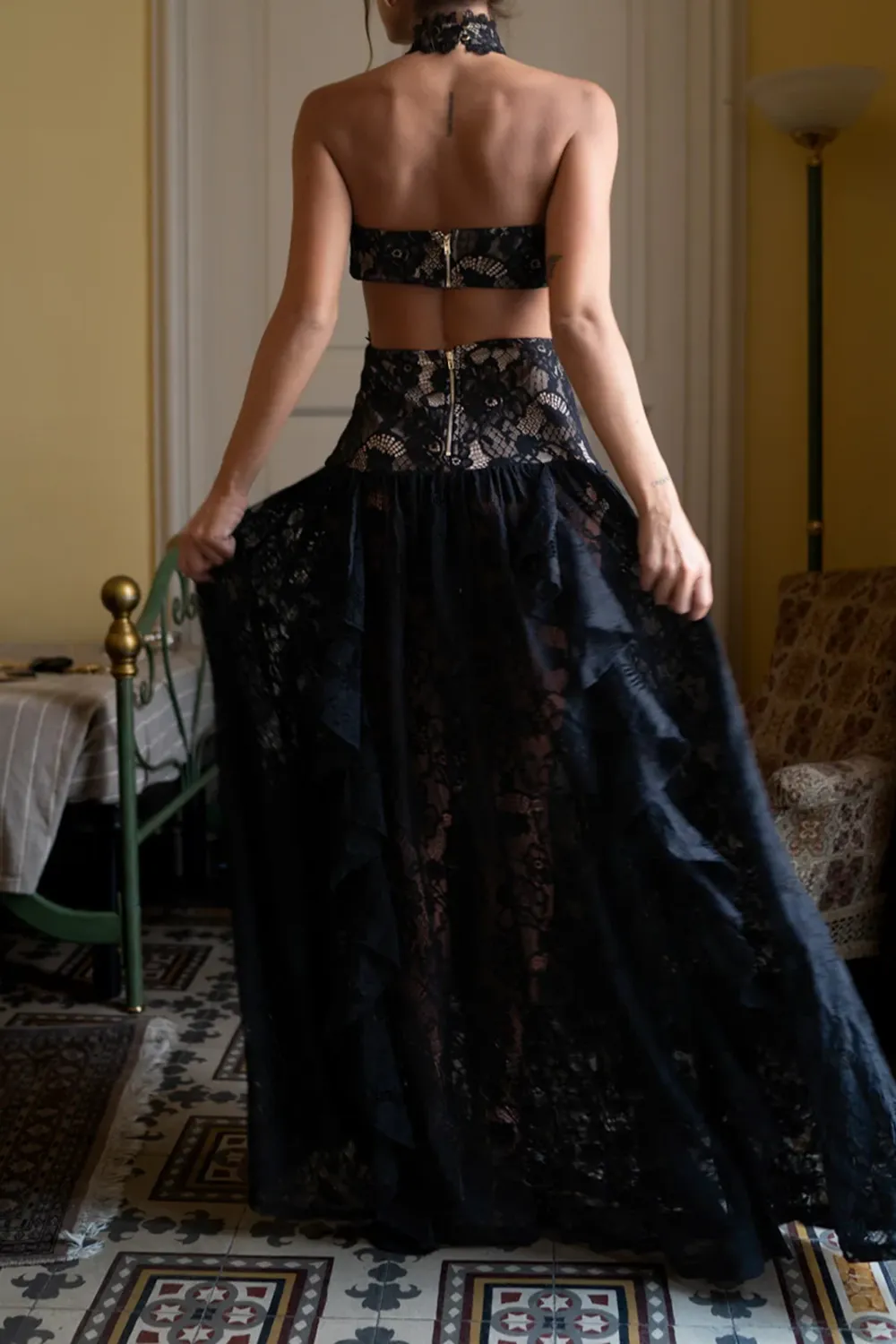 Black Lace Drop Waist Maxi Dress