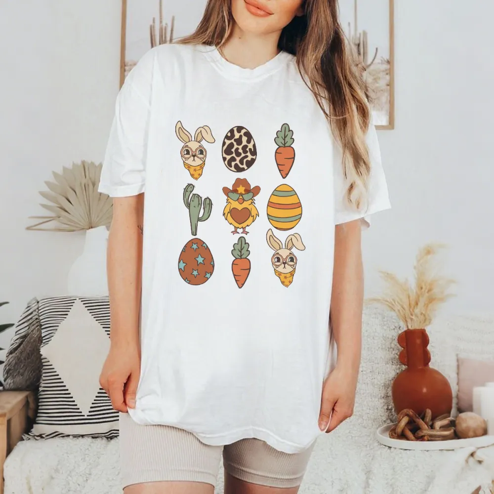 A Set Of Patterns, Including A Rabbit Head Wearing A Scarf, Leopard Print Eggs, Carrots, Cacti, Chickens Wearing Cowboy Hats, Striped Eggs, Etc. The Overall Style Is Cute And Casual T-Shirts.