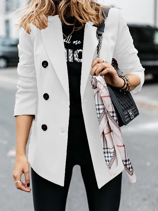 Women's Blazer Outdoor Button Solid Color Warm Fashion Regular Fit Outerwear Long Sleeve Fall Light Blue S