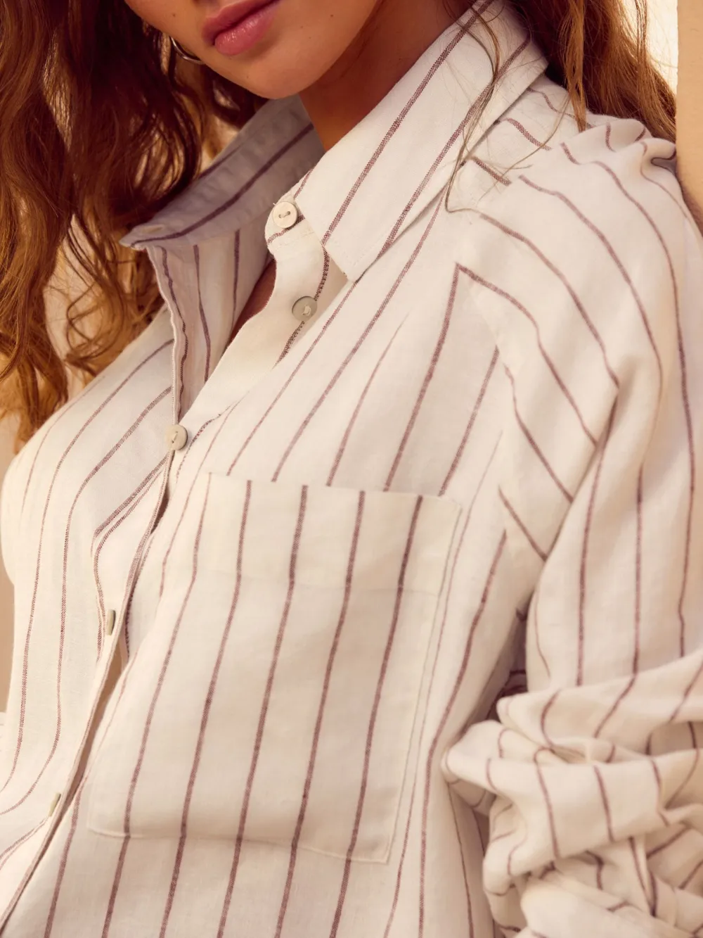 Ecru Palm Print Linen Flat Collar Loose Long Sleeve Shirt