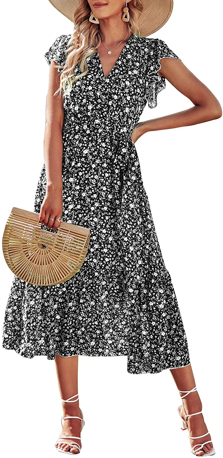 Women Summer Bohemian Floral Casual Wrap V Neck Ruffle Cap Sleeveless Belt A-Line Pleated Hem Swing Midi Sun Dress
