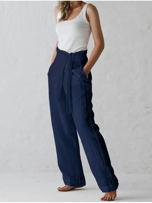 Women's Wide Leg Linen Pants Slacks Full Length Faux Linen Baggy High Waist Yoga Chino Black Dark Blue S M