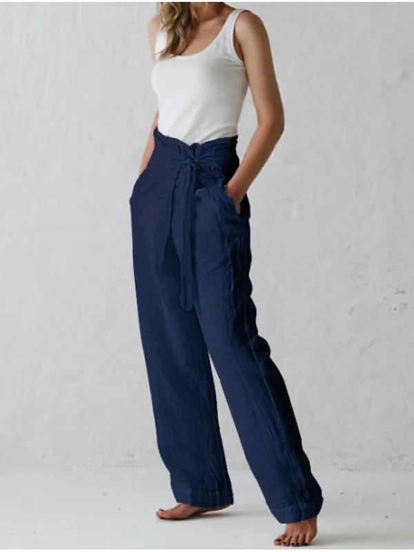 Women's Wide Leg Linen Pants Slacks Full Length Faux Linen Baggy High Waist Yoga Chino Black Dark Blue S M