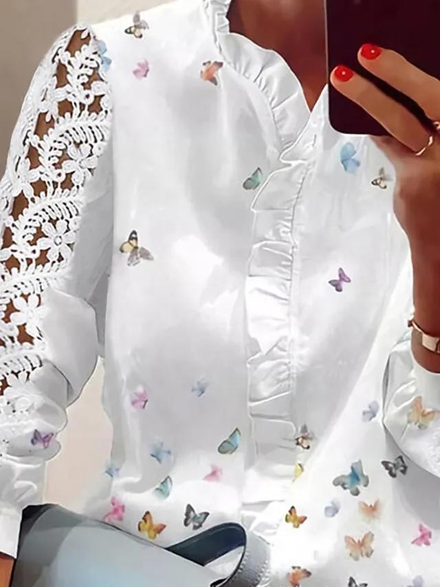 Women's Shirt Blouse Butterfly White Ruffle Mesh Button Long Sleeve Work Casual Daily Streetwear Elegant Casual V Neck Regular Fit Spring Fall