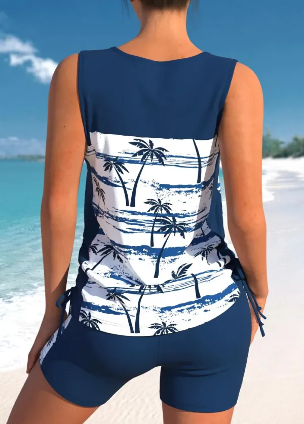 Criss Cross Tropical Plants Print Navy Tankini Top