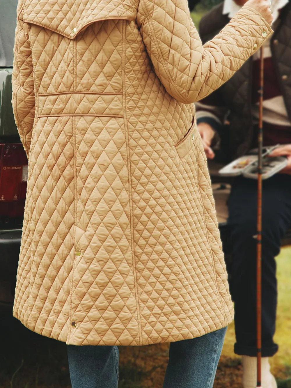 Tan Brown Showerproof Longline Diamond Quilted Coat