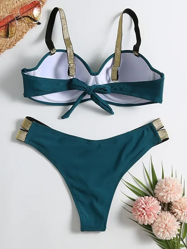 Women's Swimwear Bikini Normal Swimsuit Glitter 2 Piece Deep V Solid Color Black White Green Bathing Suits Sexy Beach Wear Push Up