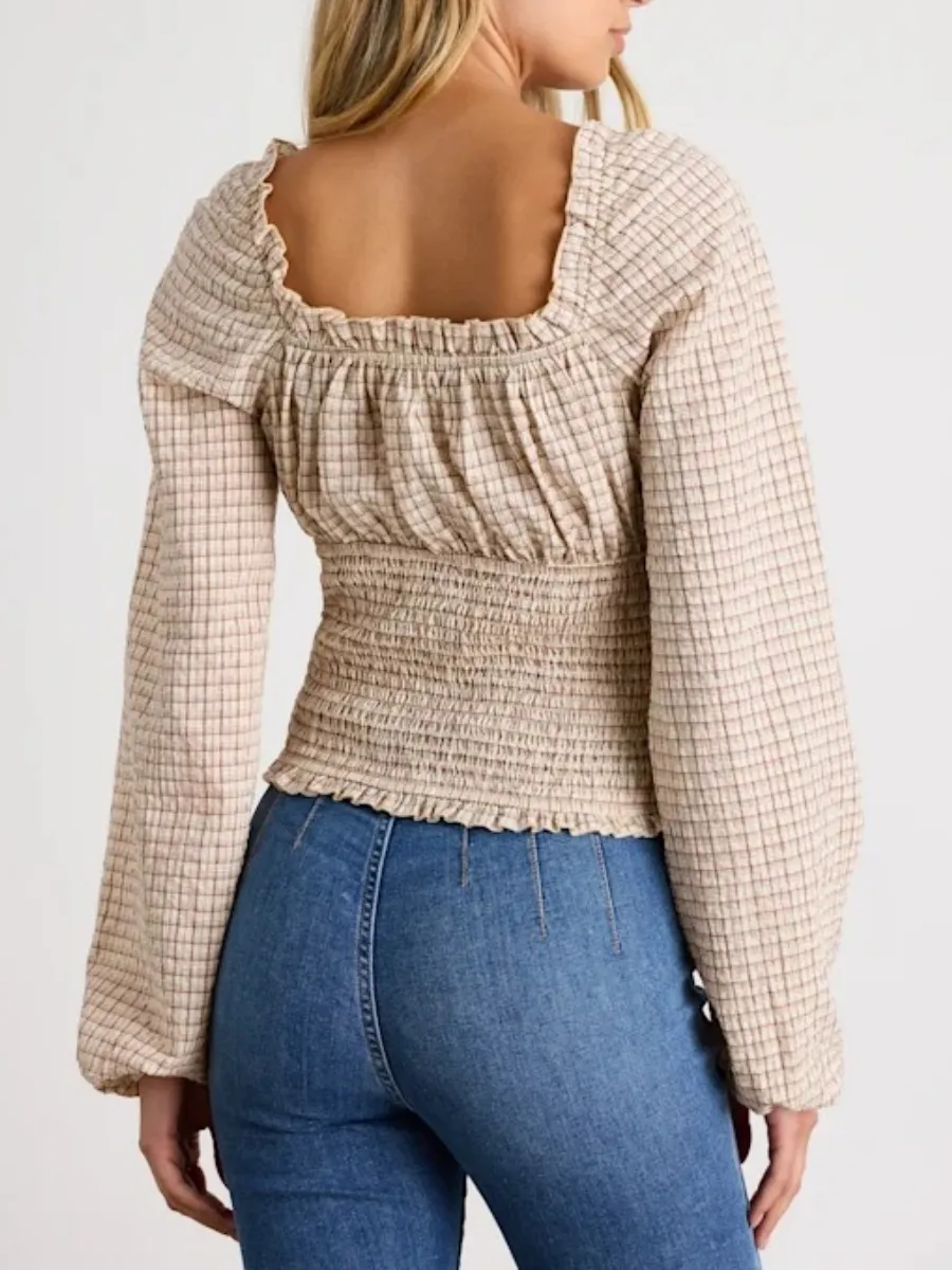 Smocked Plaid Long Sleeve Blouse