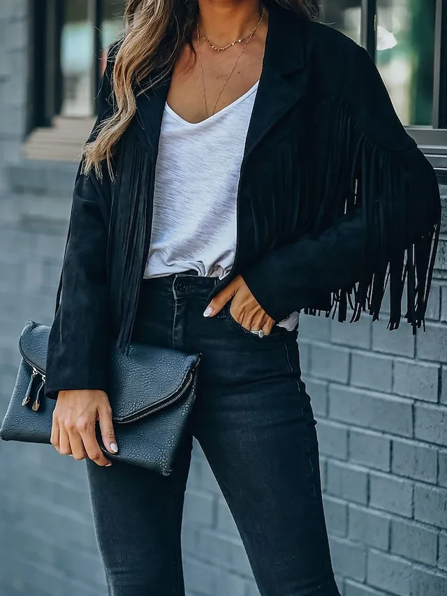 Women's Casual Jacket Going out Fall Tassel Fringe Rusty Regular Coat Regular Fit Breathable Bohemian Style Jacket Long Sleeve Solid ColorWhite Black