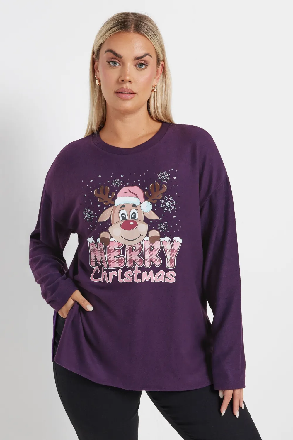 YOURS Curve Purple 'Merry Christmas' Reindeer Print Sweatshirt