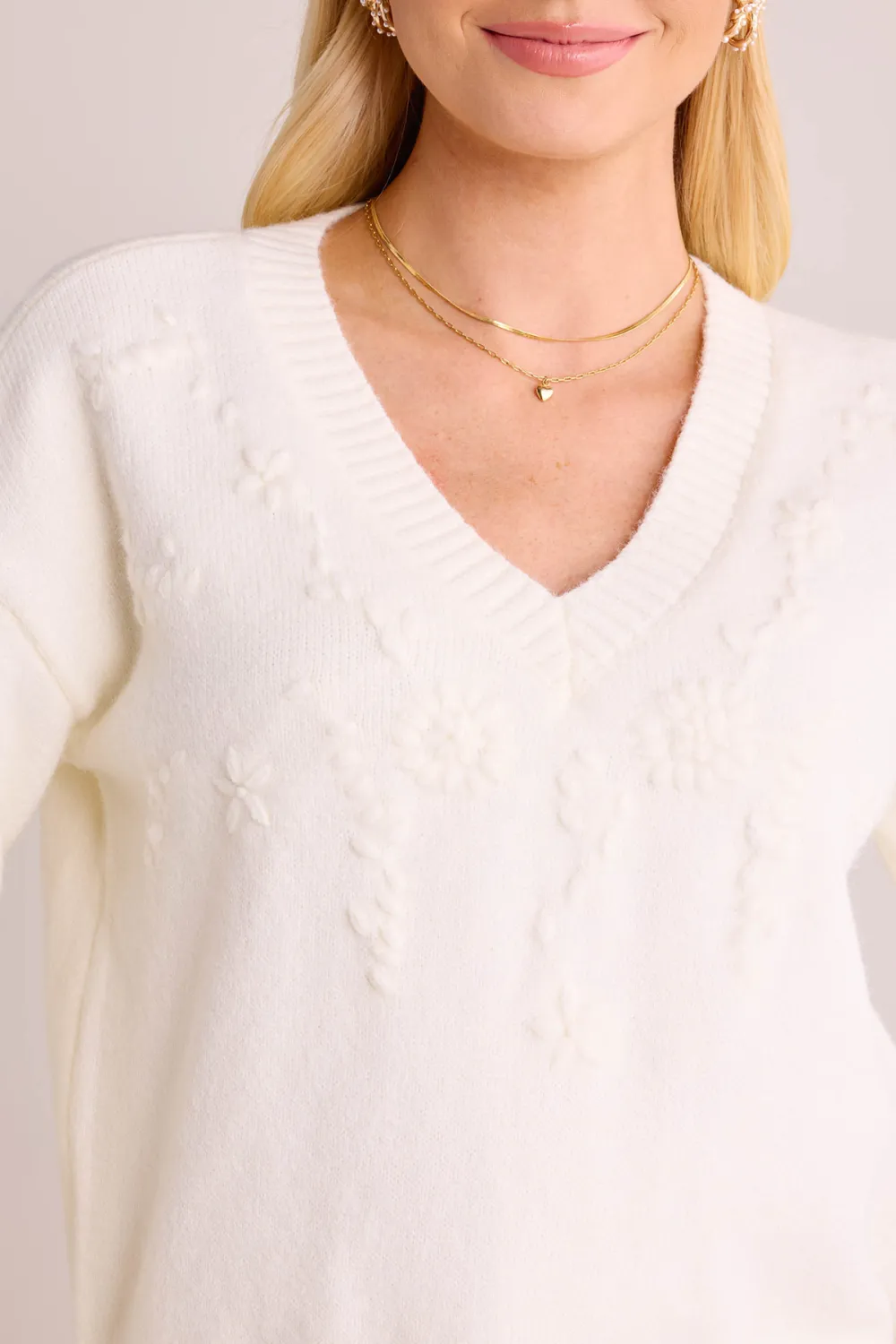 White Cable Knit V-Neck Sweater