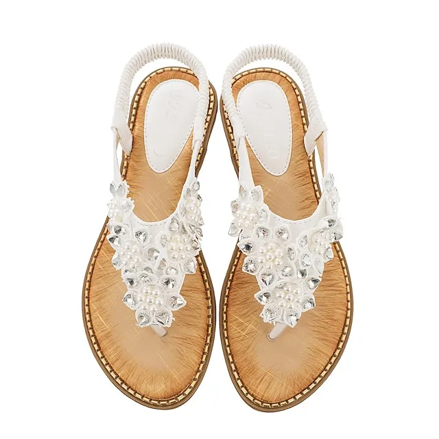 Women's Sandals Flat Sandals Party Beach Summer Rhinestone Flat Heel Round Toe Open Toe Elegant Casual PU Leather Elastic Band Solid Colored Almond Black White