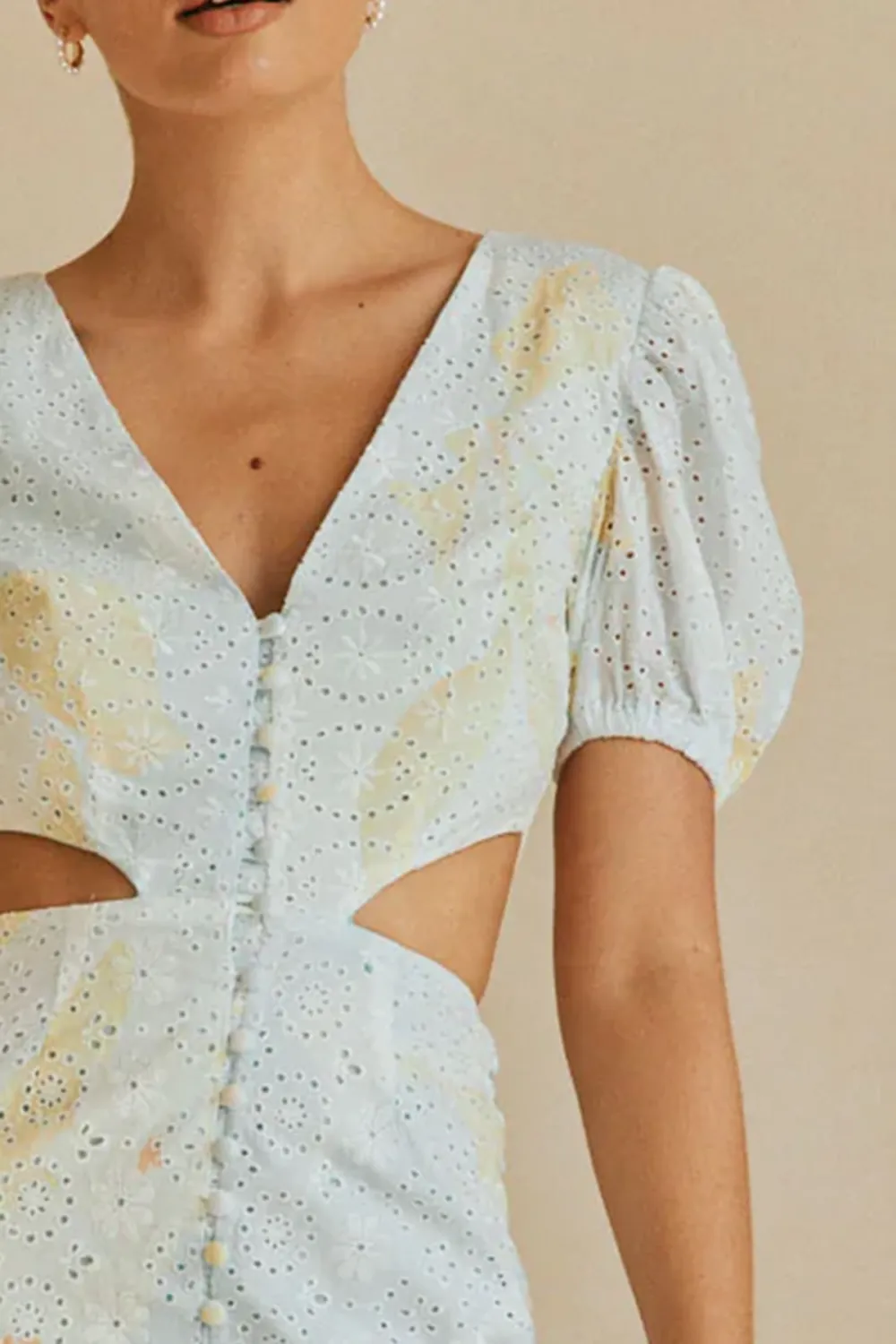 V Neck Puff Sleeve Cut Out Mini Dress