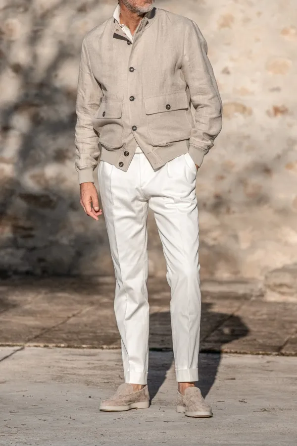 Beige Linen Bomber Jacket
