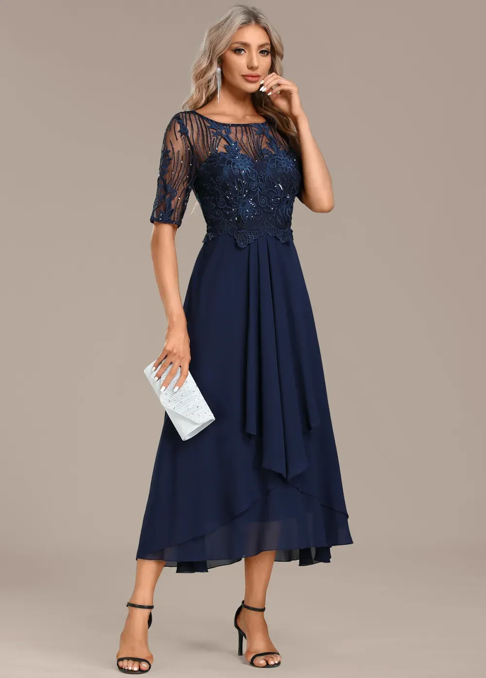 Navy Lace Short Sleeve Round Neck Dress