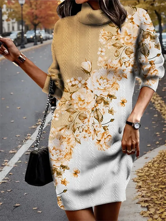 Women's Sweater Dress Jumper Dress Winter Dress Mini Dress Knitwear Warm Fashion Ombre Floral Outdoor Casual Daily Vacation Turtleneck Long Sleeve 2023 Loose Fit Yellow Blue Purple S M L XL XXL 3XL