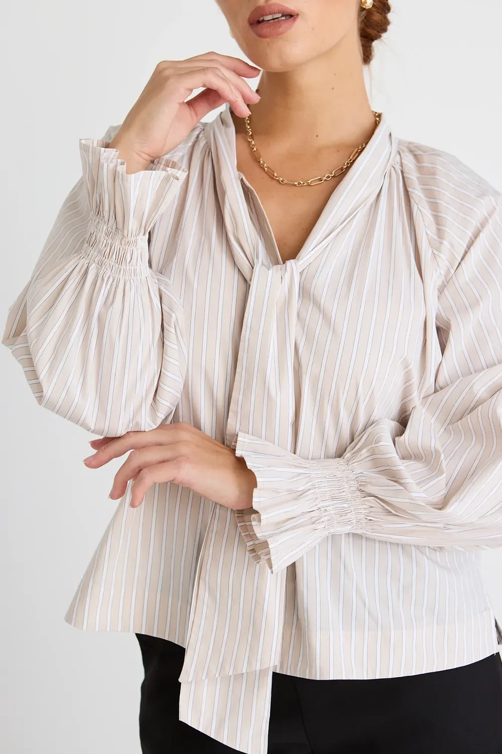 Beige Stripe Tie - Front Long - Sleeve