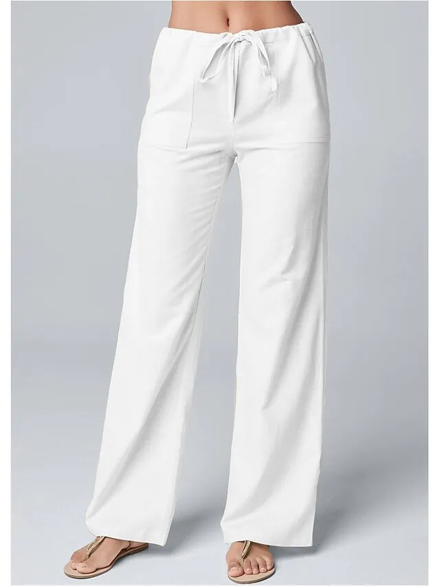 Women's Wide Leg Linen Pants Pants Trousers Full Length Cotton Faux Linen Side Pockets Wide Leg Fashion Casual Daily White Khaki S M