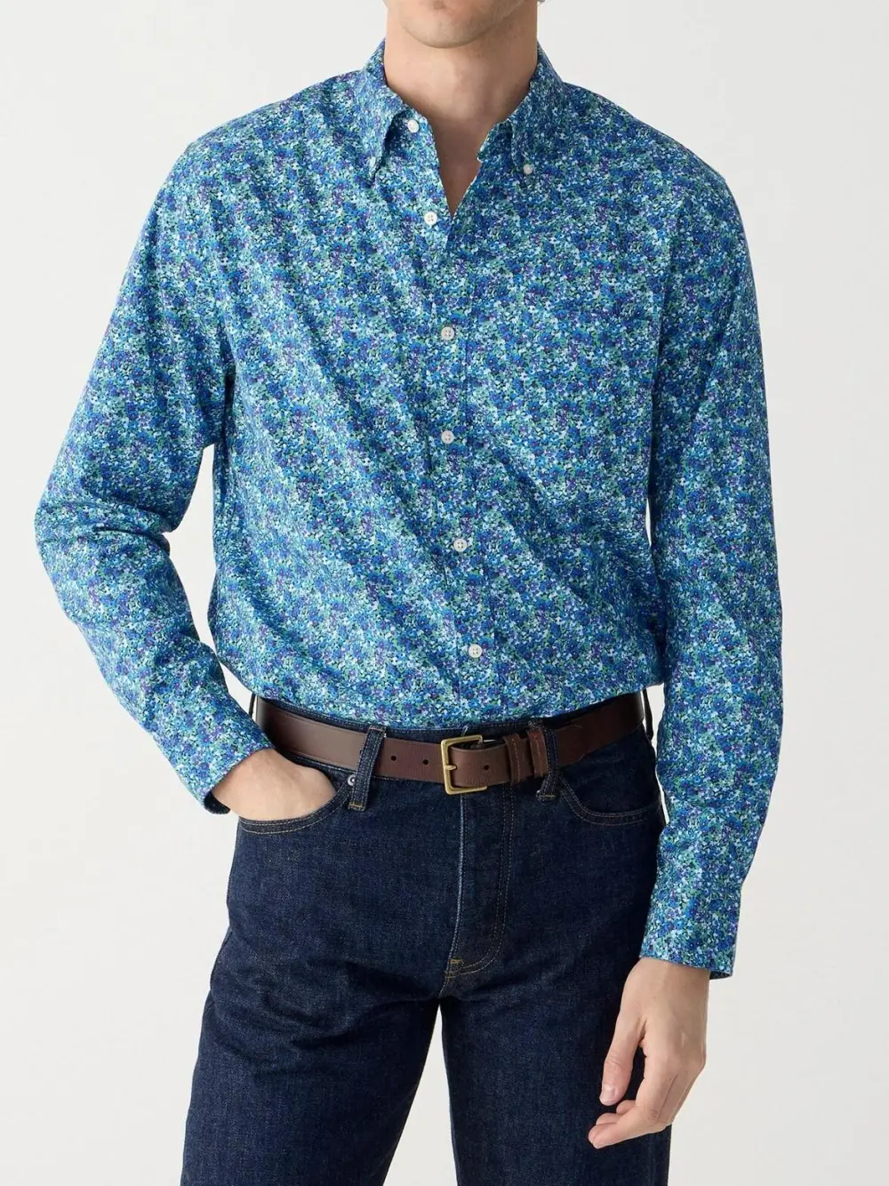 Blue And White Floral Print Long Sleeve Shirt
