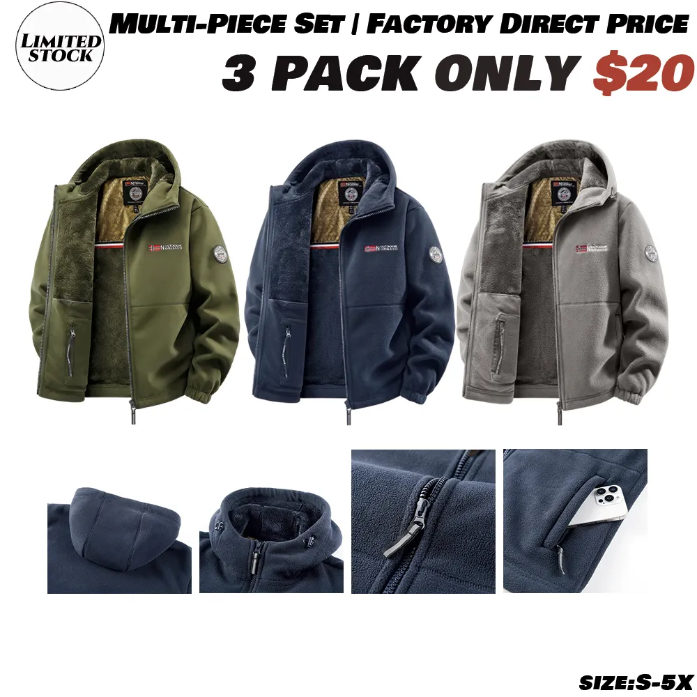 Men'S Outdoor Heavyweight Fleece Jacket - Double-Sided Warm Hooded Coat With Full Zip, Multi Pockets & Machine Washable Polyester For Camping Hiking Casual Wear