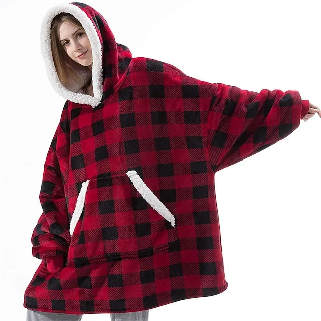 Women's Christmas Couple‘s Pajamas Nightgown Hoodie Blanket Wearable Blanket Grid / Plaid Pure Color Plush Simple Comfort Xmas Home Party Fleece Warm Gift Patchwork Pocket Fall Winter Black Gray