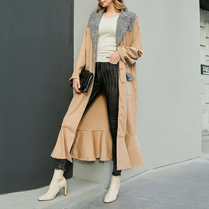 Patchwork Lapel Front Button Ruffle Coat