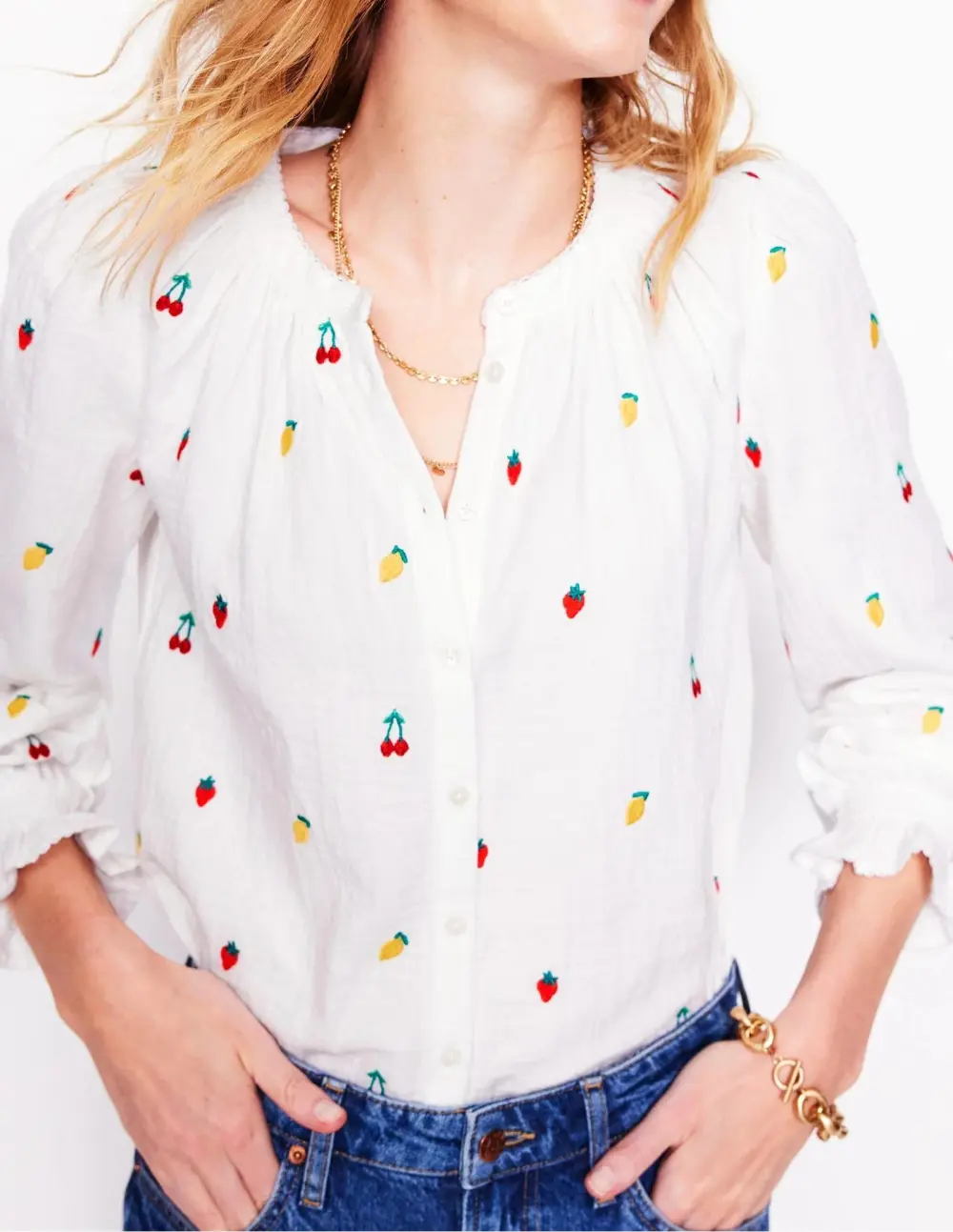 Fruit Embroidery Double Cloth Top