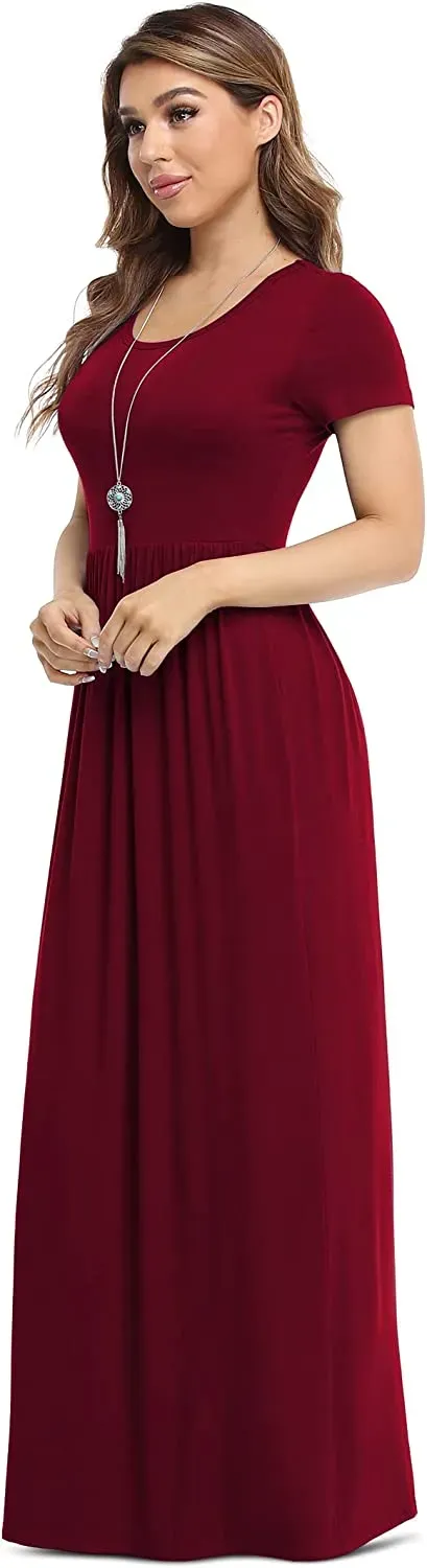 Women's Short Sleeve Loose Plain Maxi Dresses Casual Long Dresses with Pockets