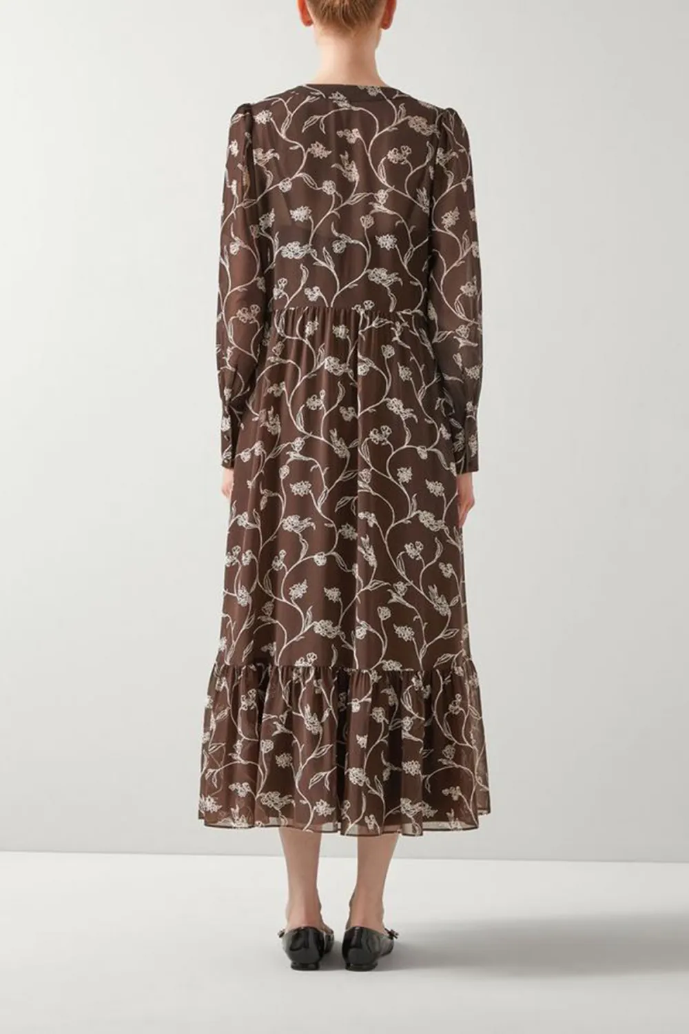 Brown Floral Print Long Sleeve Midi Dress