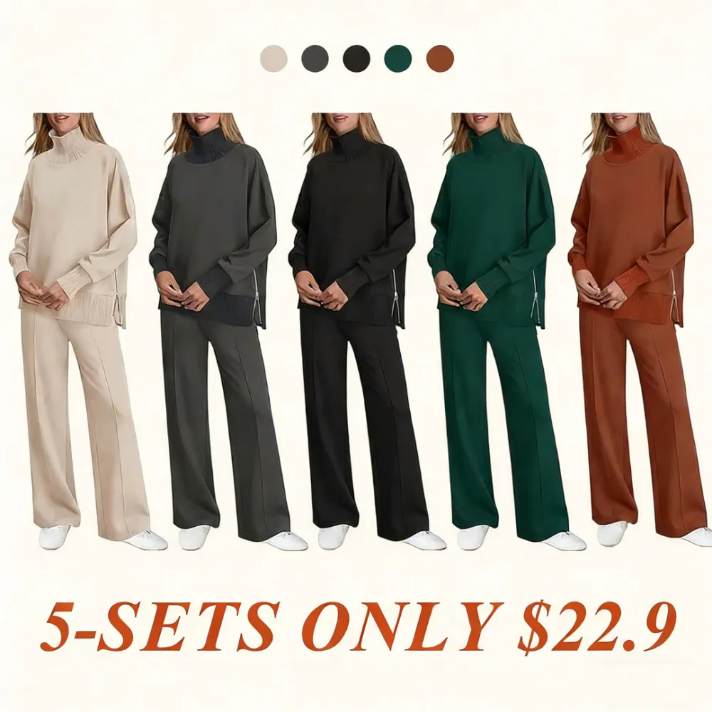 Women's 2-Piece Lounge Set 🧶 | Cozy Knit Turtleneck Top & Matching Pants Outfit