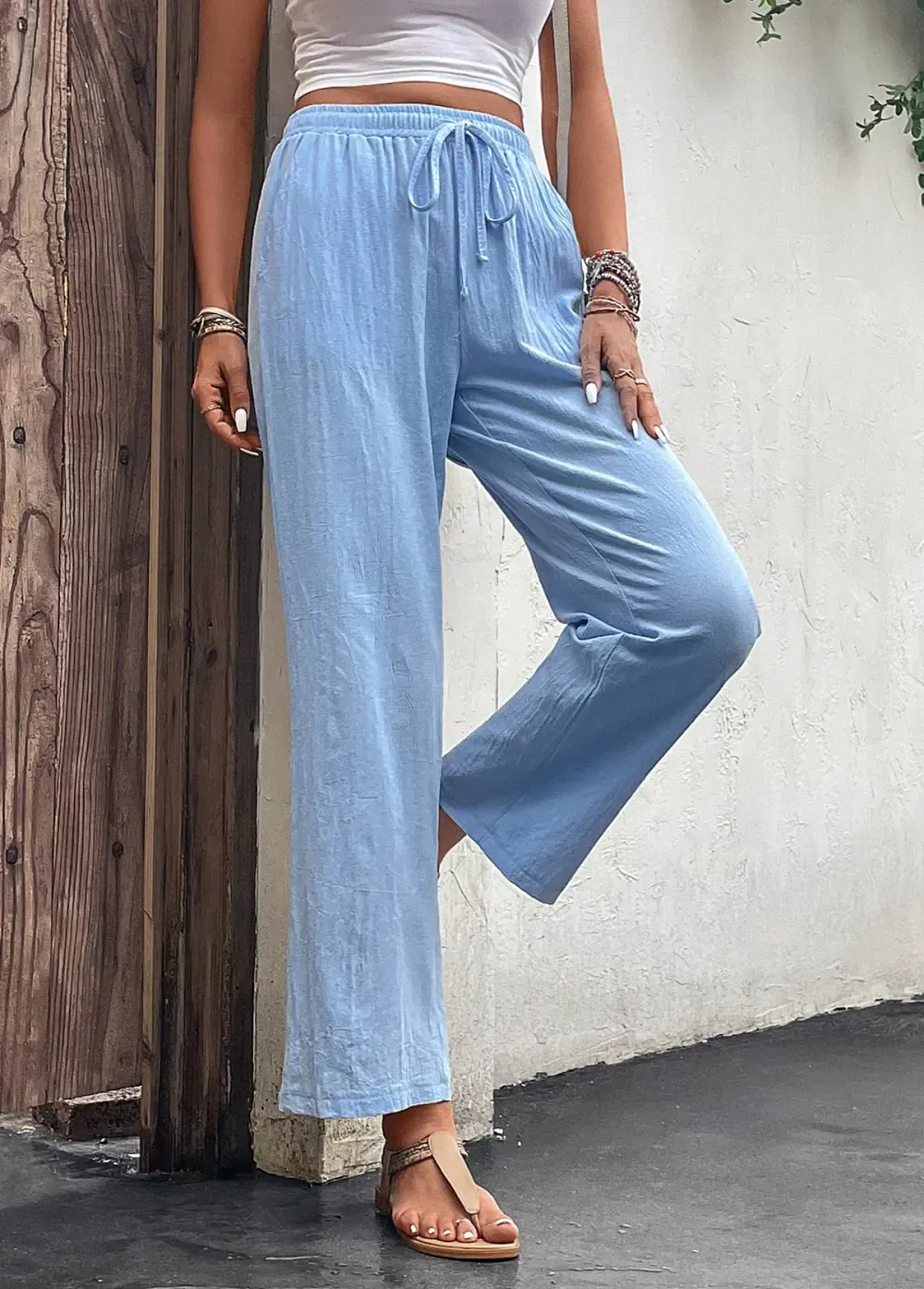 Light Blue Pocket Drawastring High Waisted Pants