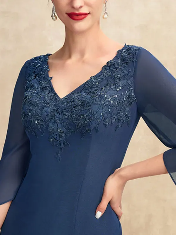 V-neck Ankle-Length Chiffon Mother of the Bride Dress With Appliques Lace Sequins