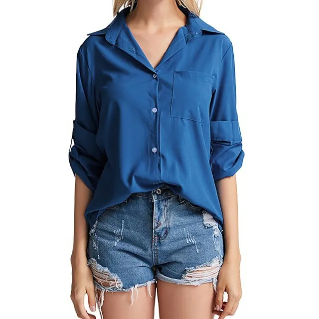 Women's Shirt Blouse Black White Wine Plain Long Sleeve Work Daily Basic Business Elegant Shirt Collar Regular Cotton Loose Fit S