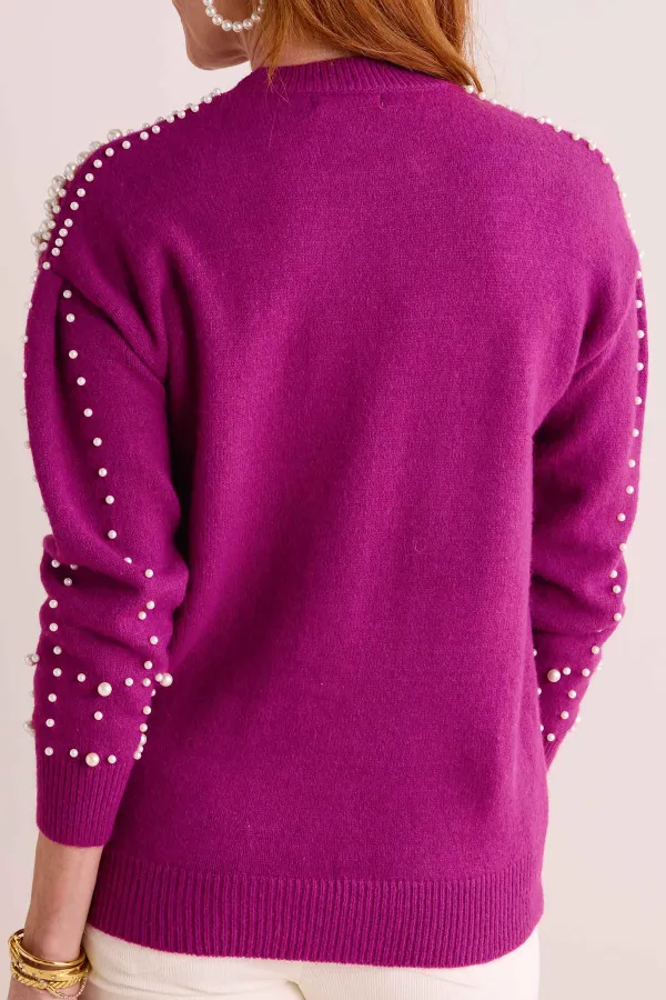 Purple Crew Neck Rhinestone Embellished Sweater