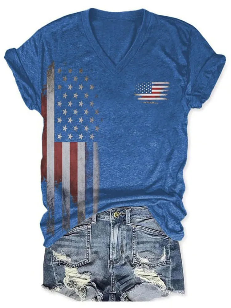Women'S National Flag Pattern Print V-Neck T-Shirt